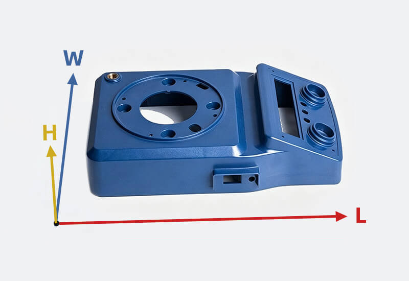 Plastic part with three arrows from a shared origin showing length, width and height